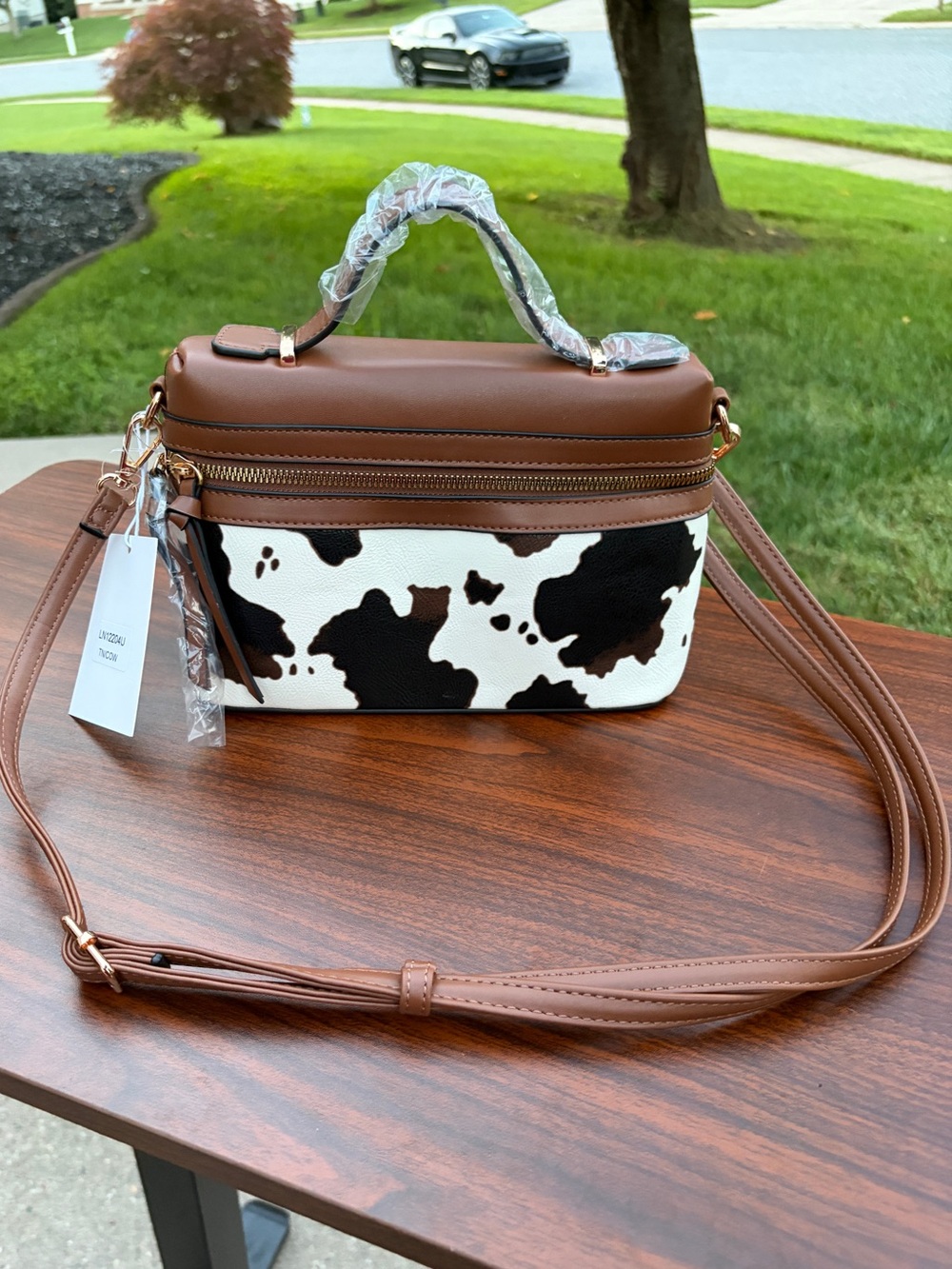 Le Bag Cow Print Vanity Crossbody Handbag Brown White Black Adjustable Strap NWT